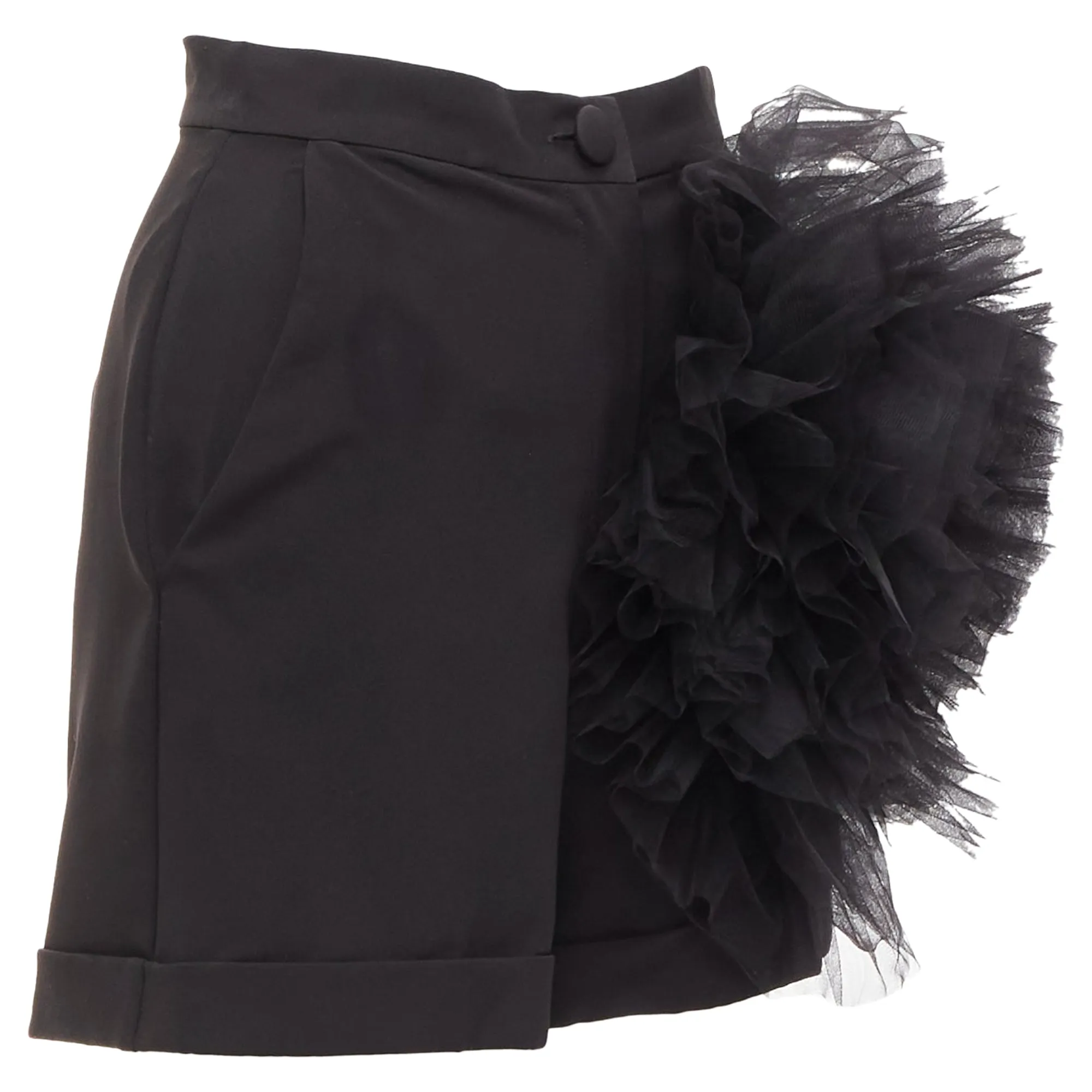 Loulou Studio Oversized Tulle Flower High Waisted Cuffed Shorts