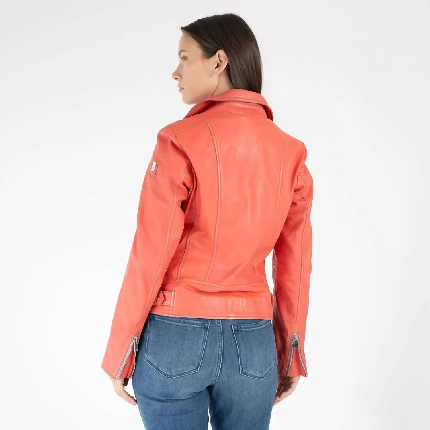 Louzia Leather Moto Jacket In Coral