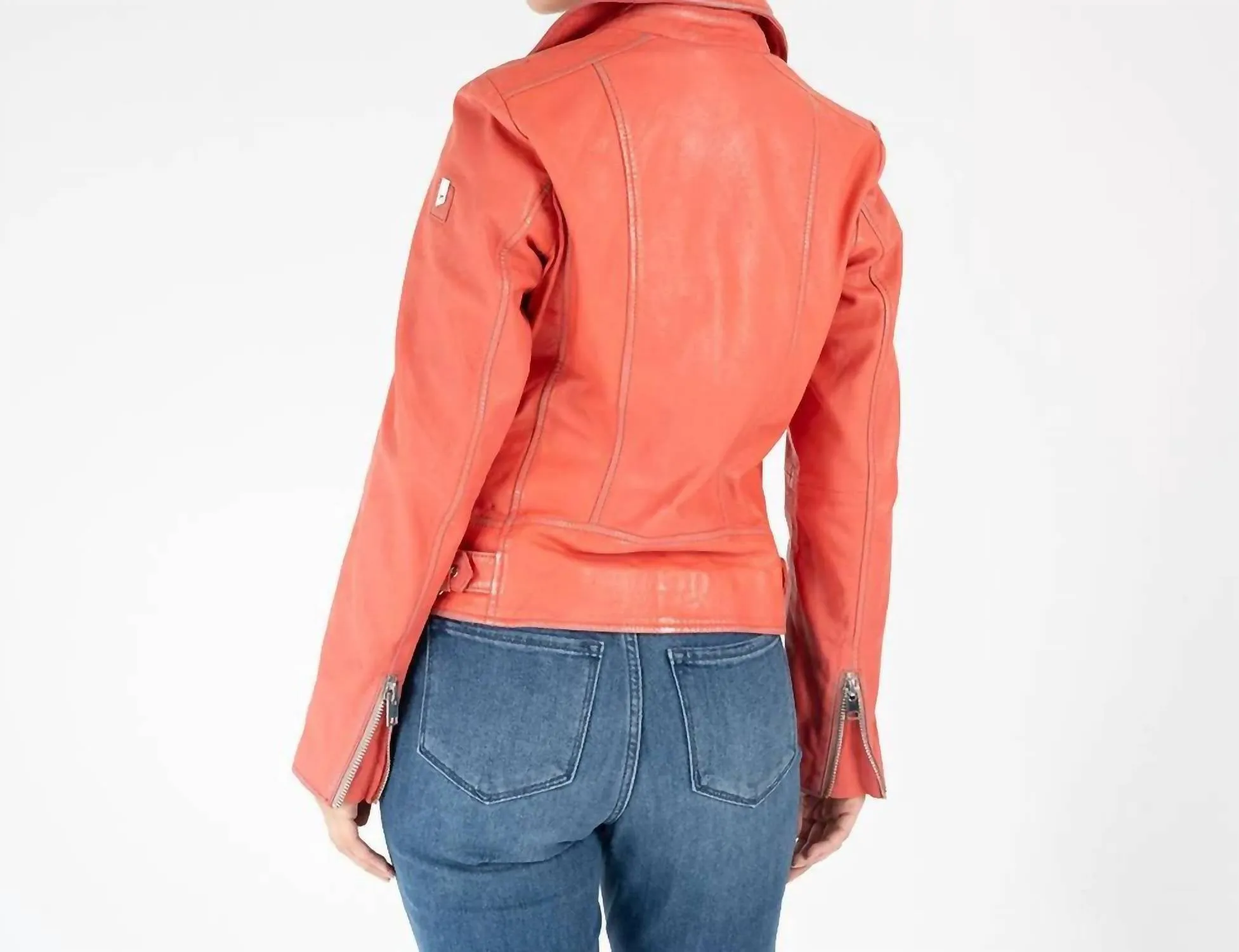 Louzia Leather Moto Jacket In Coral