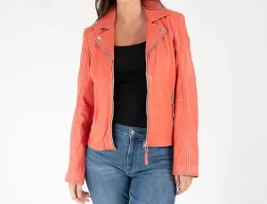 Louzia Leather Moto Jacket In Coral