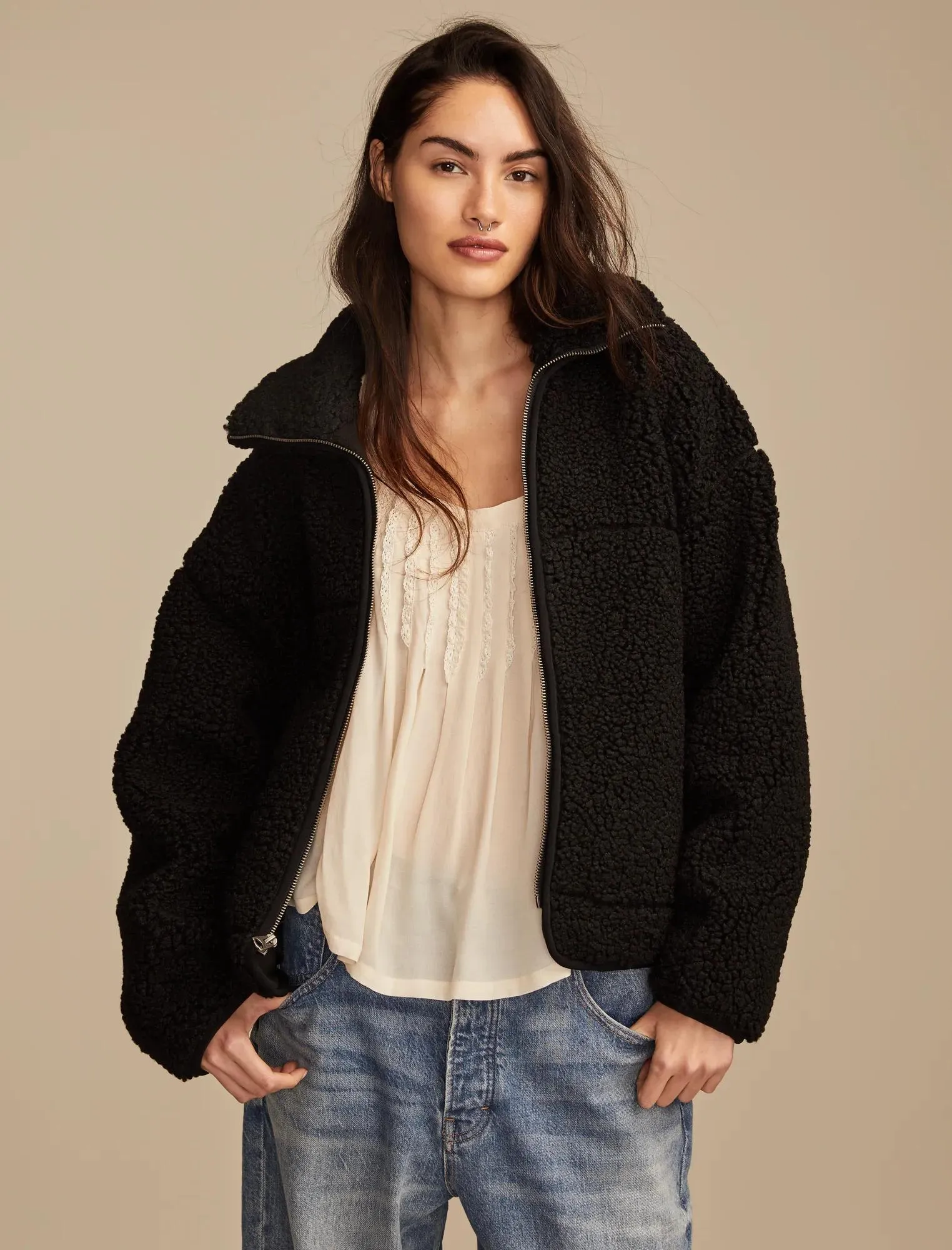 Lucky Brand Women's Faux Shearling Zip Up Jacket