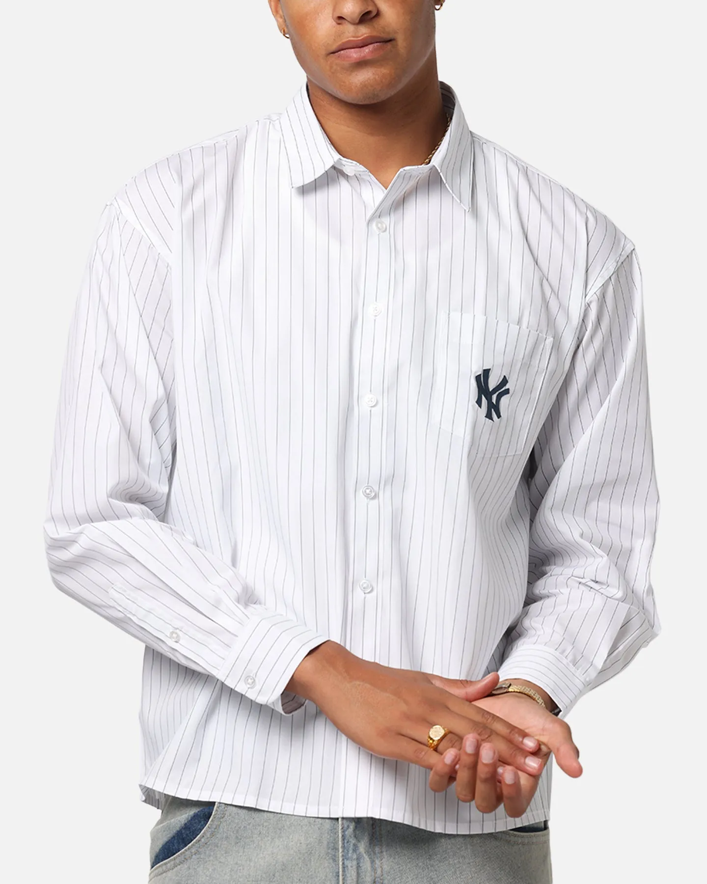 Majestic Athletic New York Yankees Pinstripe Button Up Shirt Optic White