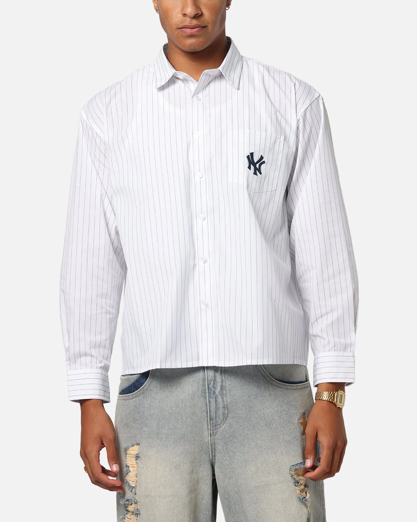 Majestic Athletic New York Yankees Pinstripe Button Up Shirt Optic White