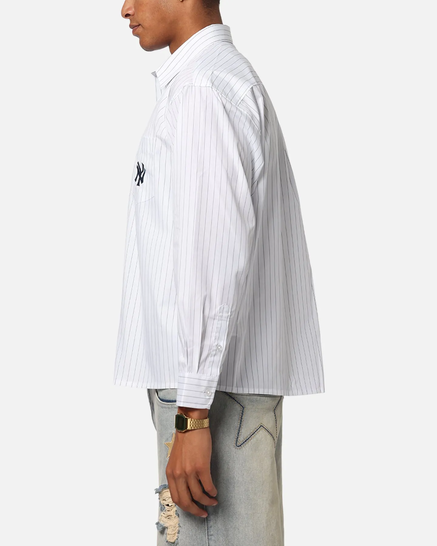 Majestic Athletic New York Yankees Pinstripe Button Up Shirt Optic White