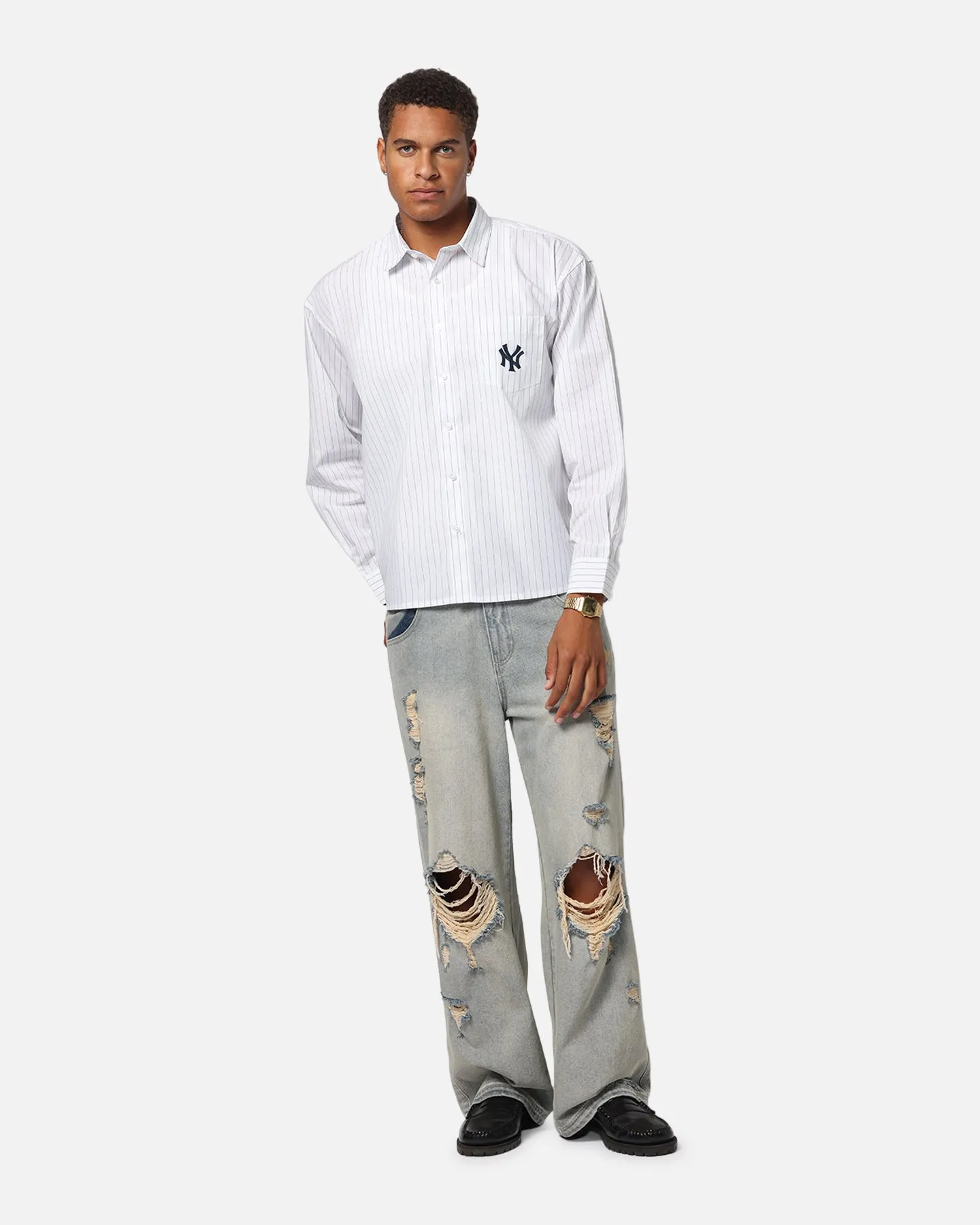 Majestic Athletic New York Yankees Pinstripe Button Up Shirt Optic White