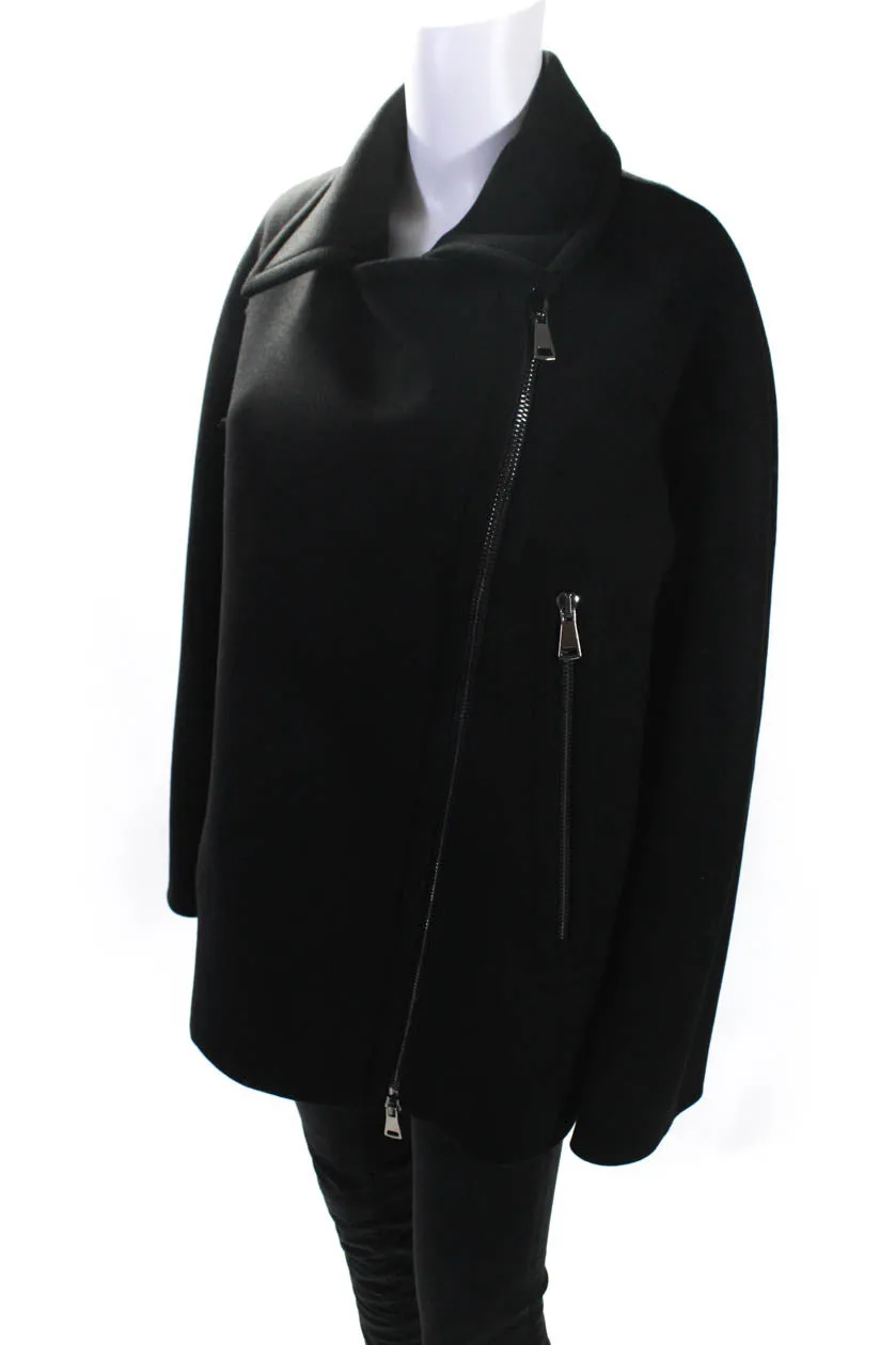 Mantu Womens Asymmetrical Compact Wool Full Zip Coat Jacket Black