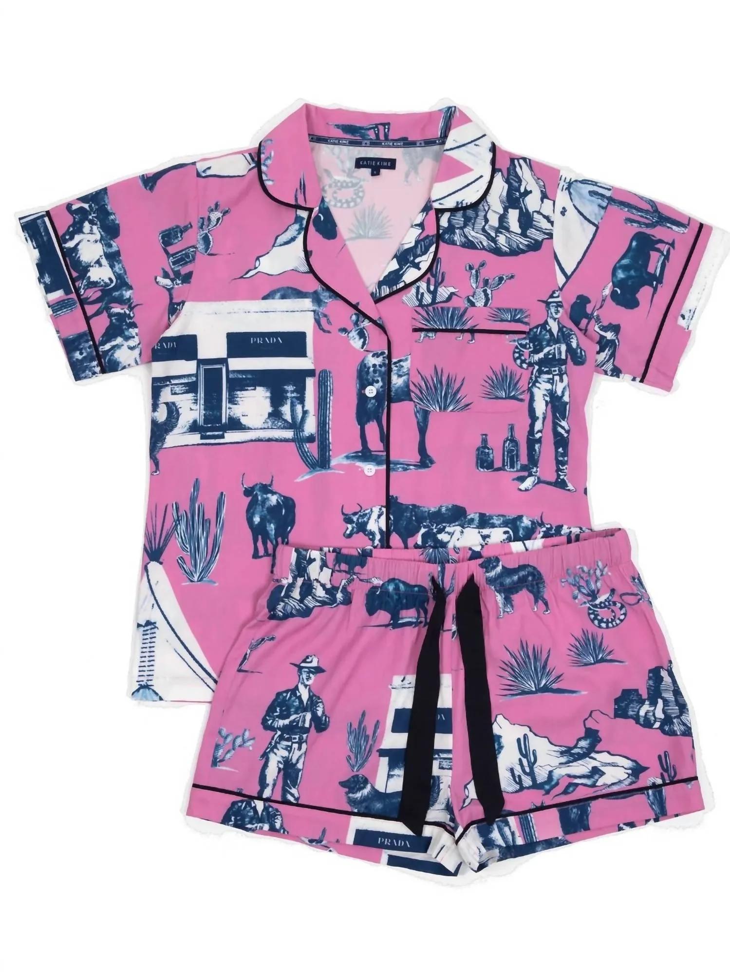 Marfa Toile Pajama Short Set In Pink/navy