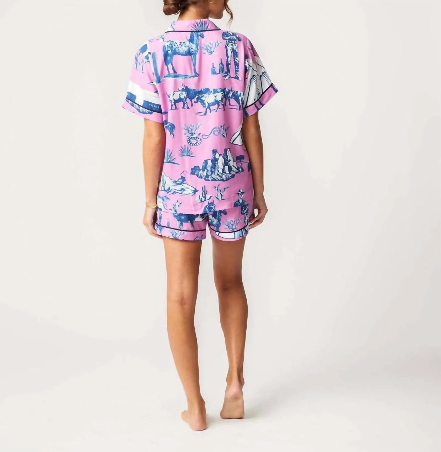Marfa Toile Pajama Short Set In Pink/navy