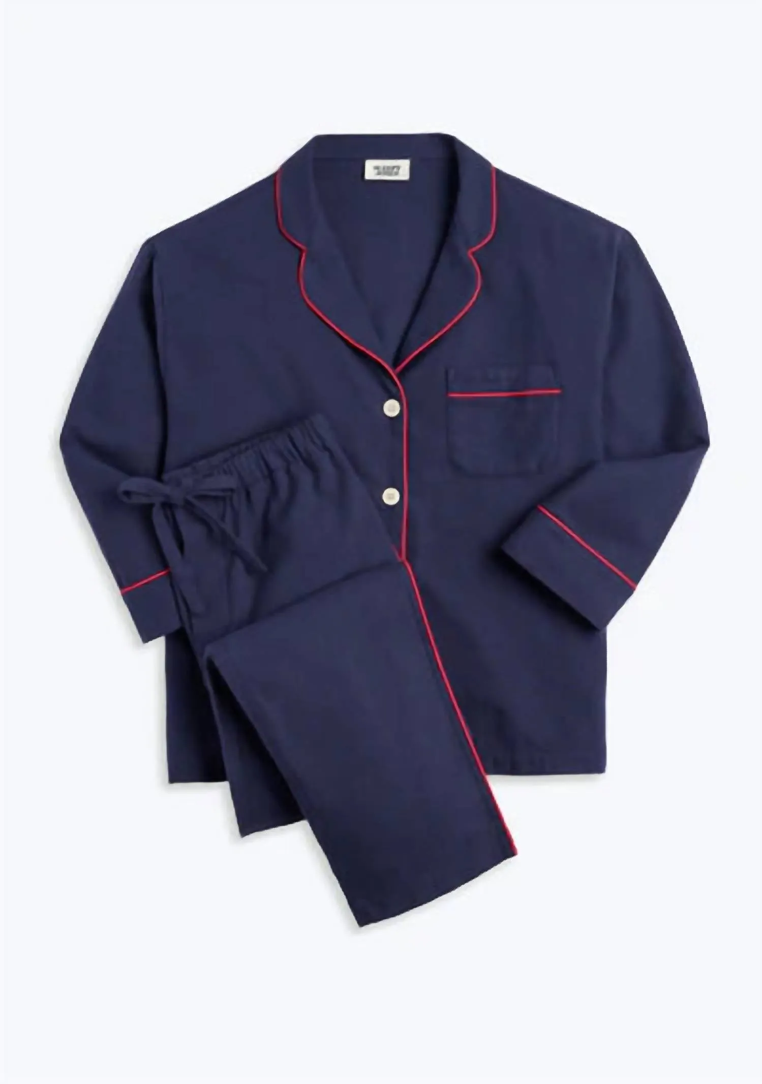 Marina Pajama Set In Navy Flannel/red Piping