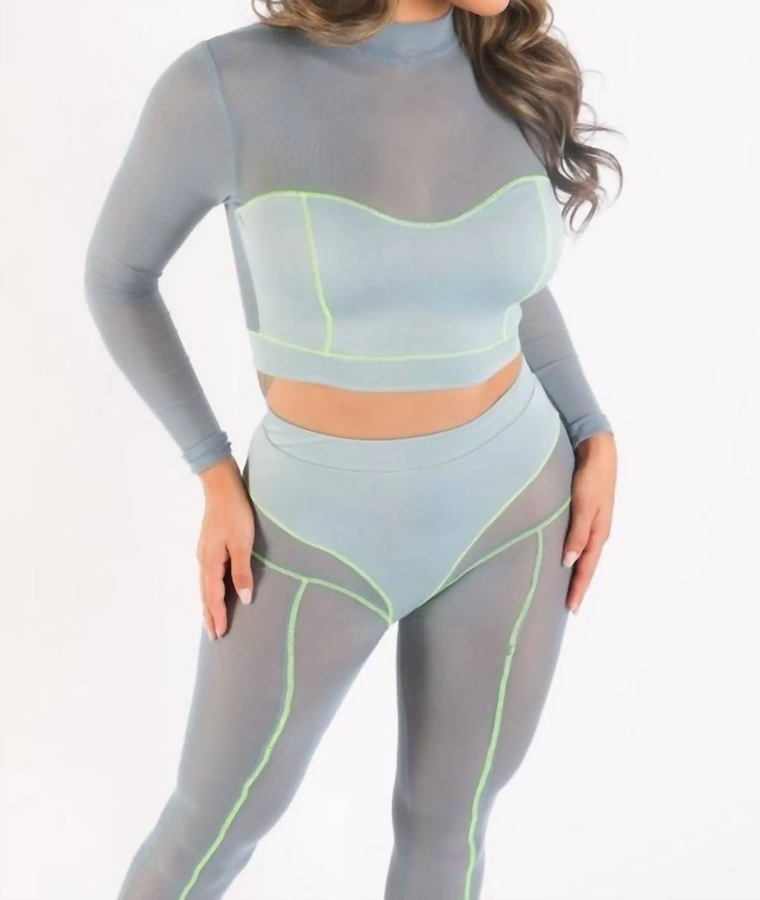 Mesh Mockneck Top And Pants Day Set In Gray