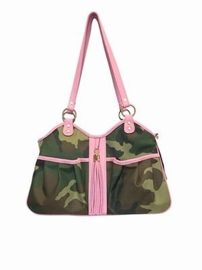 Metro - Camo w-Pink Leather Tassel & Trim dog travel crate,airline approved dog carrier,dog transport bag