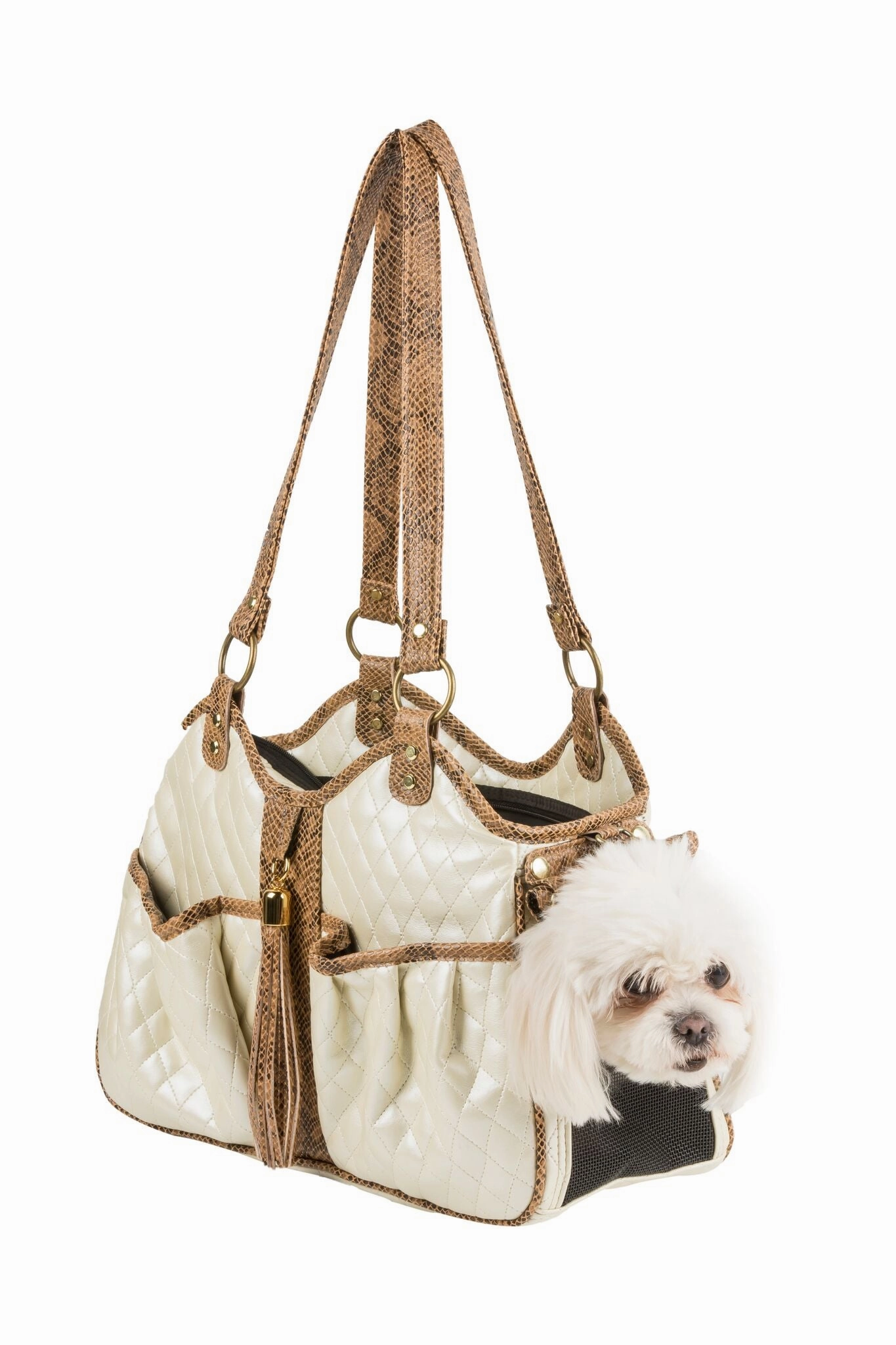 Metro Carrier- Ivory Quilted With Tassel dog travel crate,airline approved dog carrier,dog transport bag