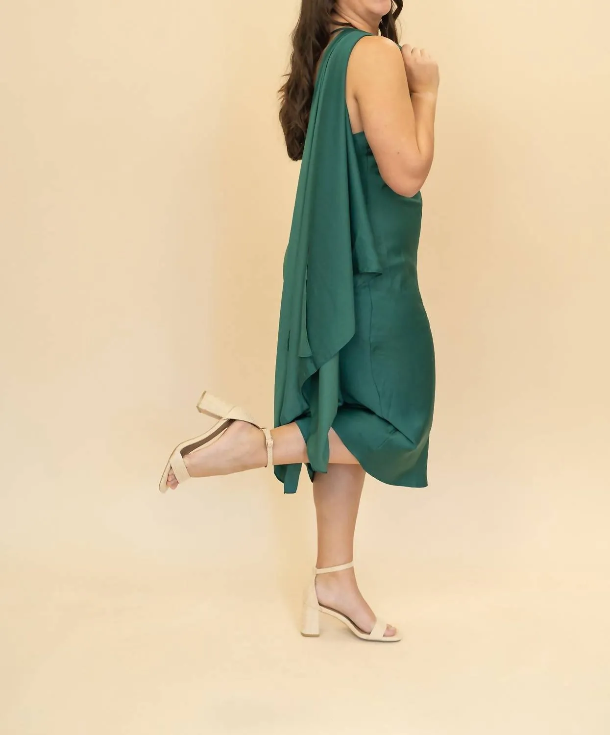 Mirage Cowl Neck Midi Dress With Shawl In Forest Green