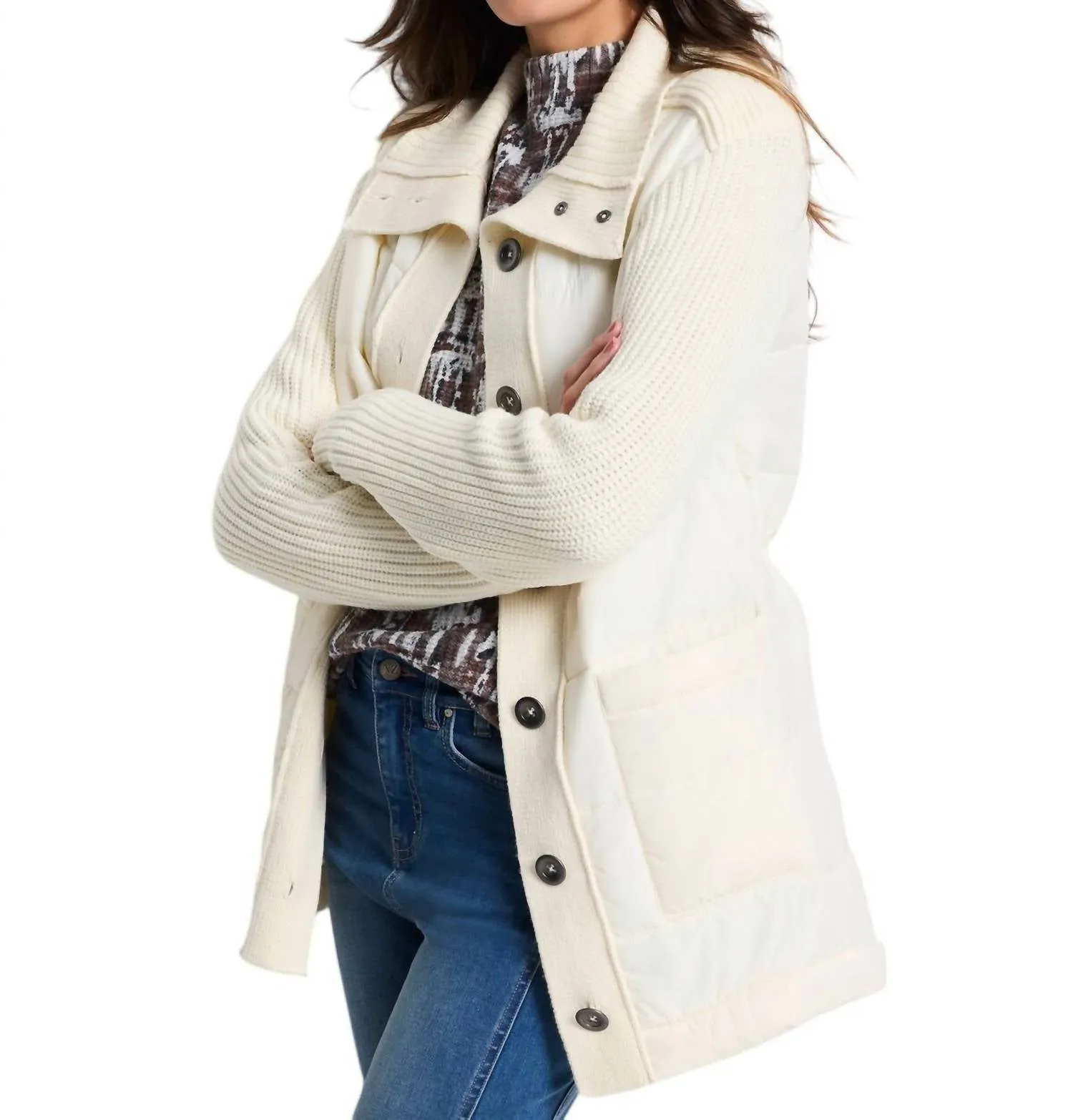 Mix Media Quilted Puffer Jacket In Classic Cream