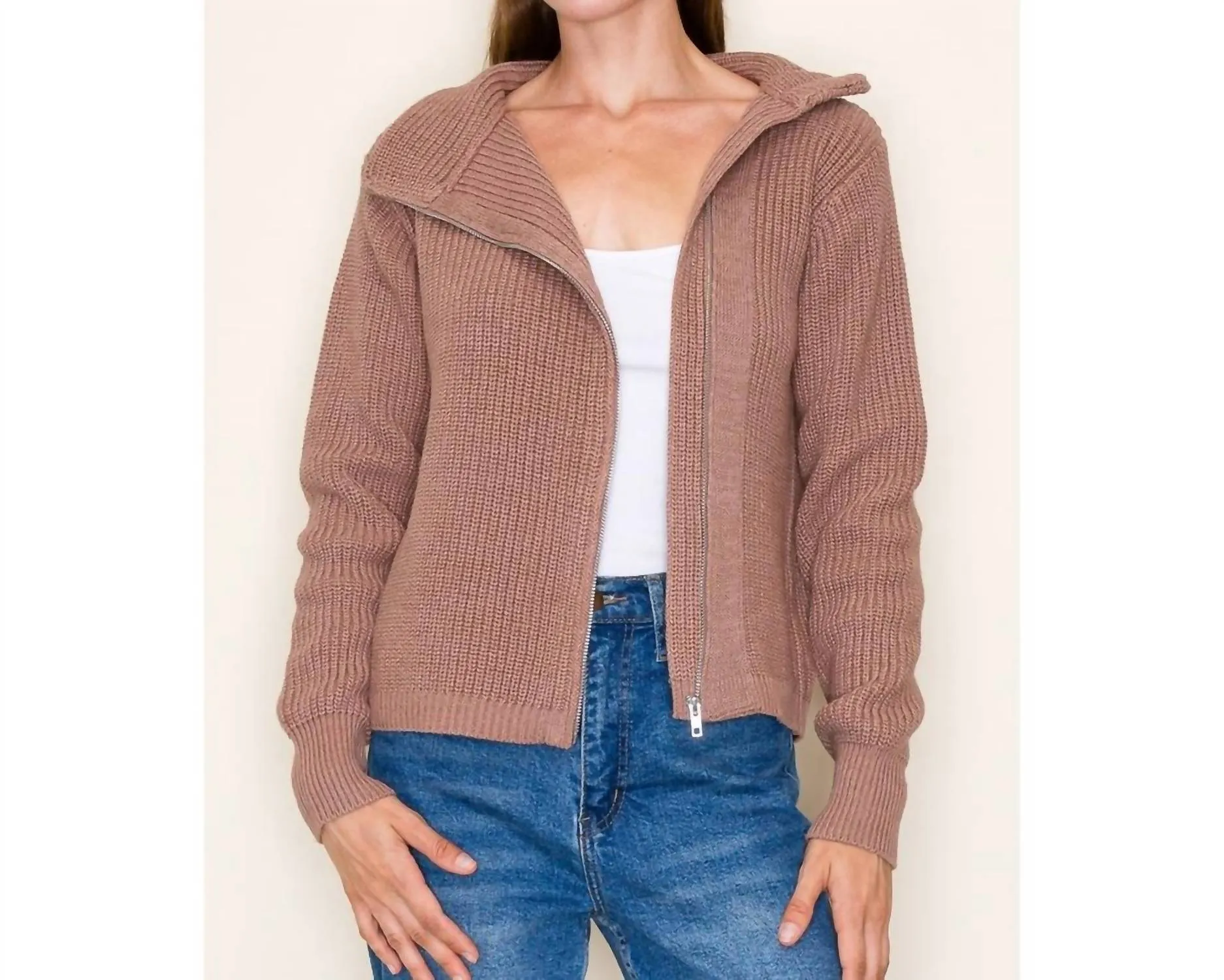 Mock Neck Asymmetrical Collar Cardigan Jacket In Red Bean