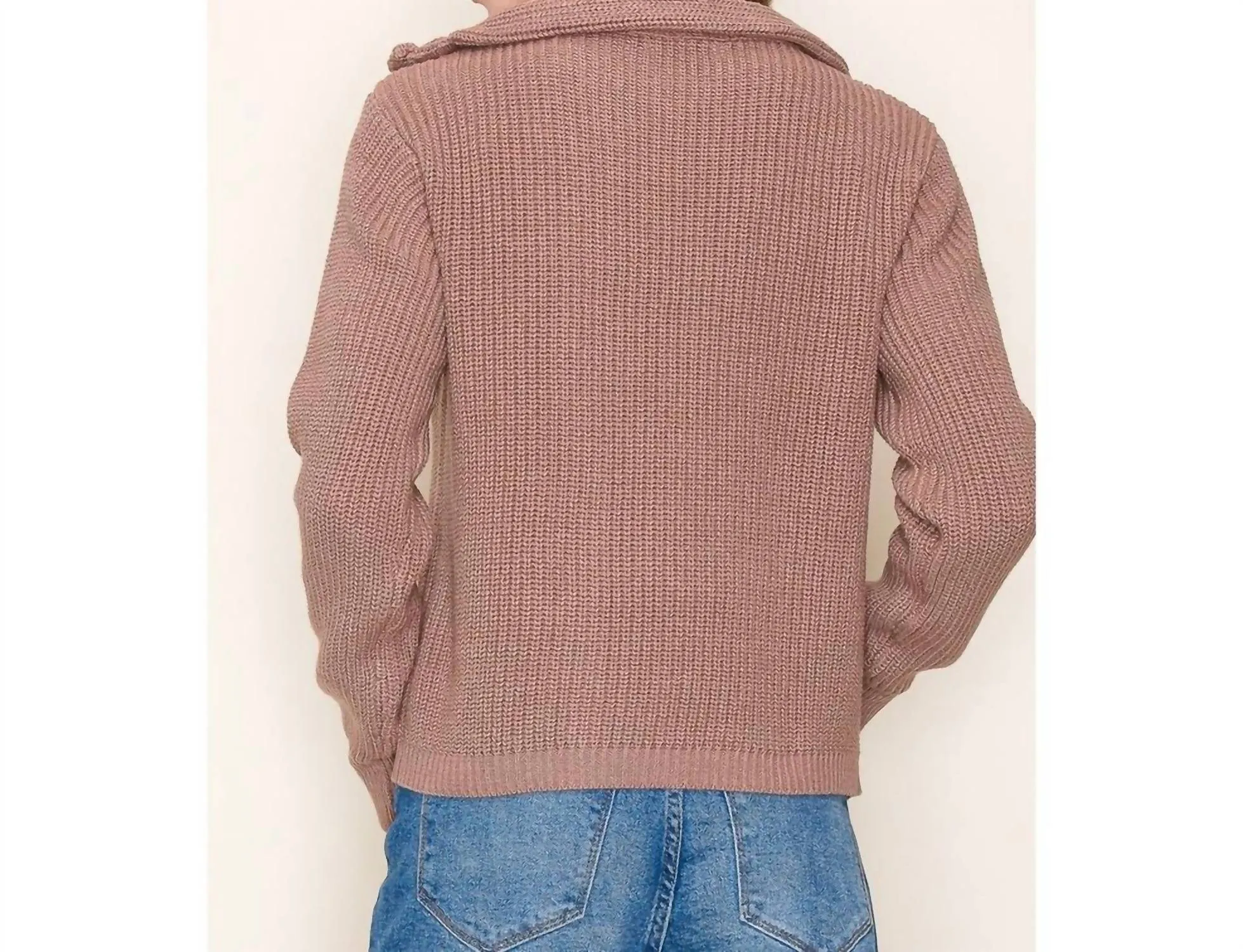 Mock Neck Asymmetrical Collar Cardigan Jacket In Red Bean