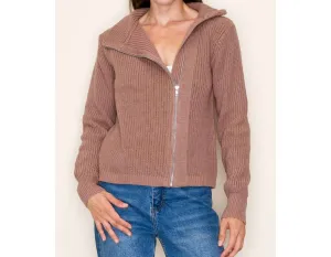 Mock Neck Asymmetrical Collar Cardigan Jacket In Red Bean