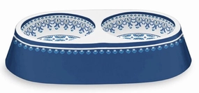 Moroccan Double Dinner, Indigo cat food bowl,cat feeder,elevated cat dish