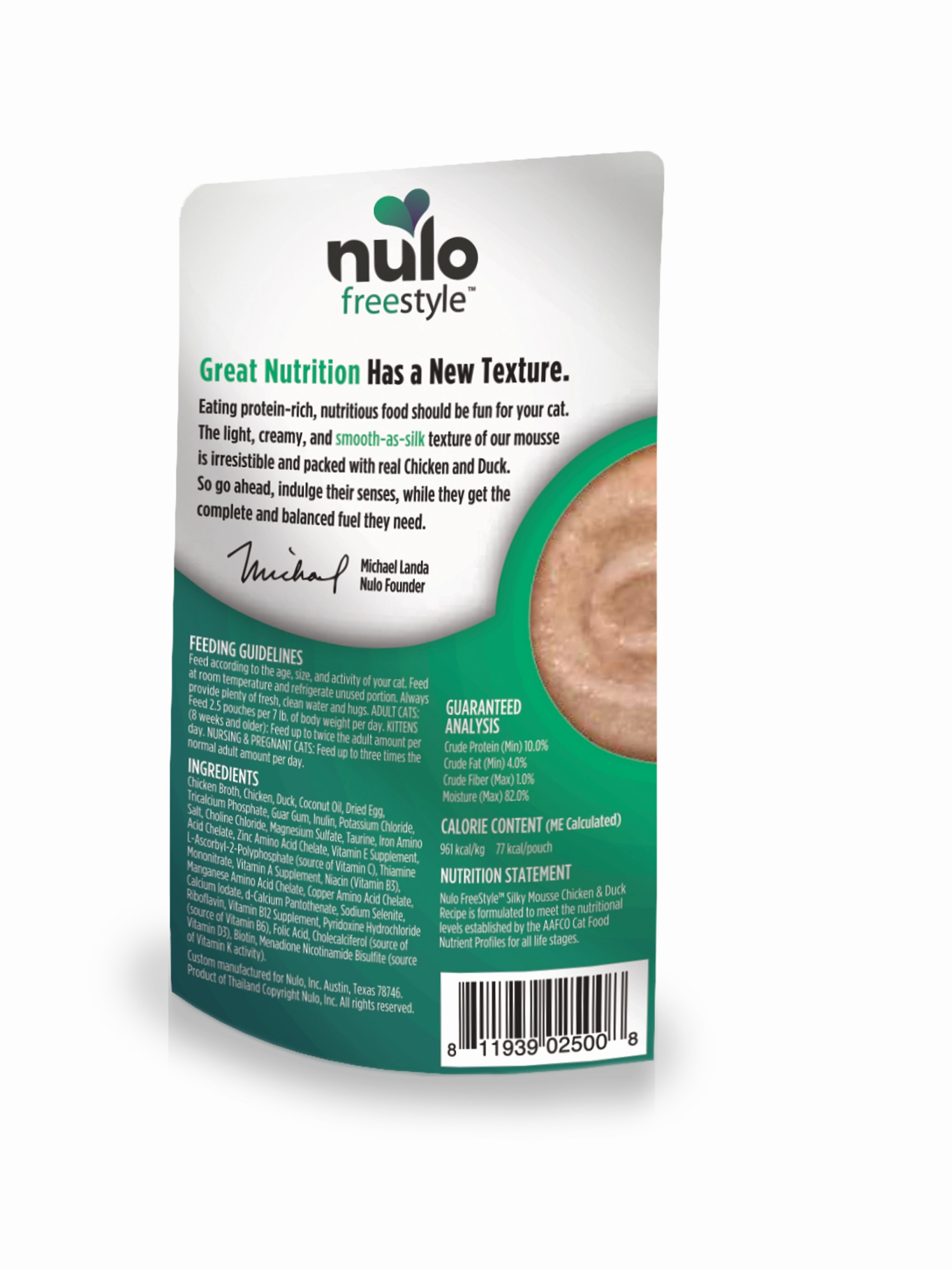 Nulo Wet Cat Food FreeStyle Silky Mousse Grain-Free Chicken & Duck Recipe 2.8oz Pouch Single