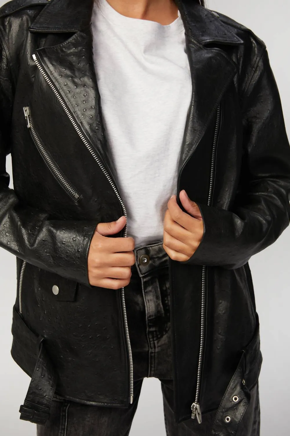 Oversized Leather Biker Jacket In Black