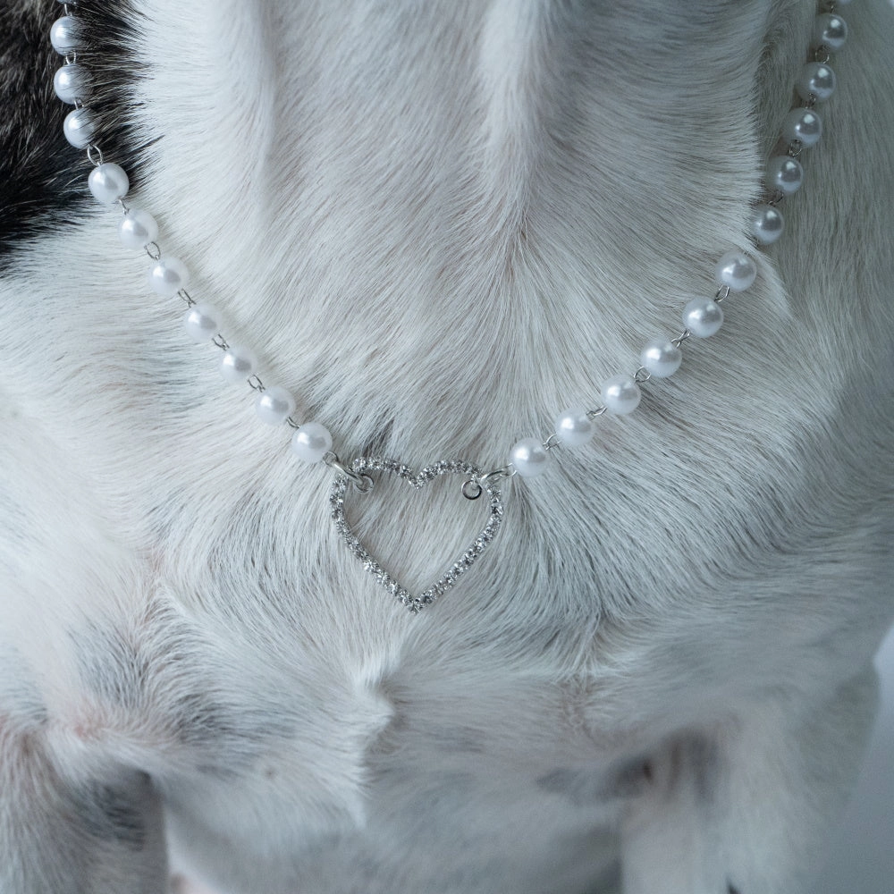 Pearl Diamante Heart Dog Necklace