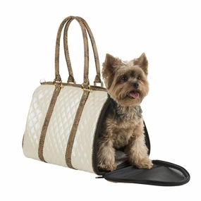 Petote JL Duffel Dog Carrier Ivory Quilted dog bowtie leather collar dog charm dog party wear dog scarf set