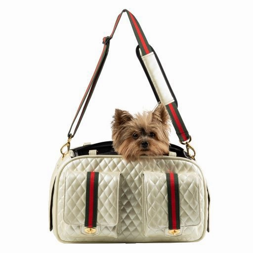 Petote Marlee 2 Dog Carrier Ivory Quilted Stripe dog bowtie leather collar dog charm dog party wear dog scarf set