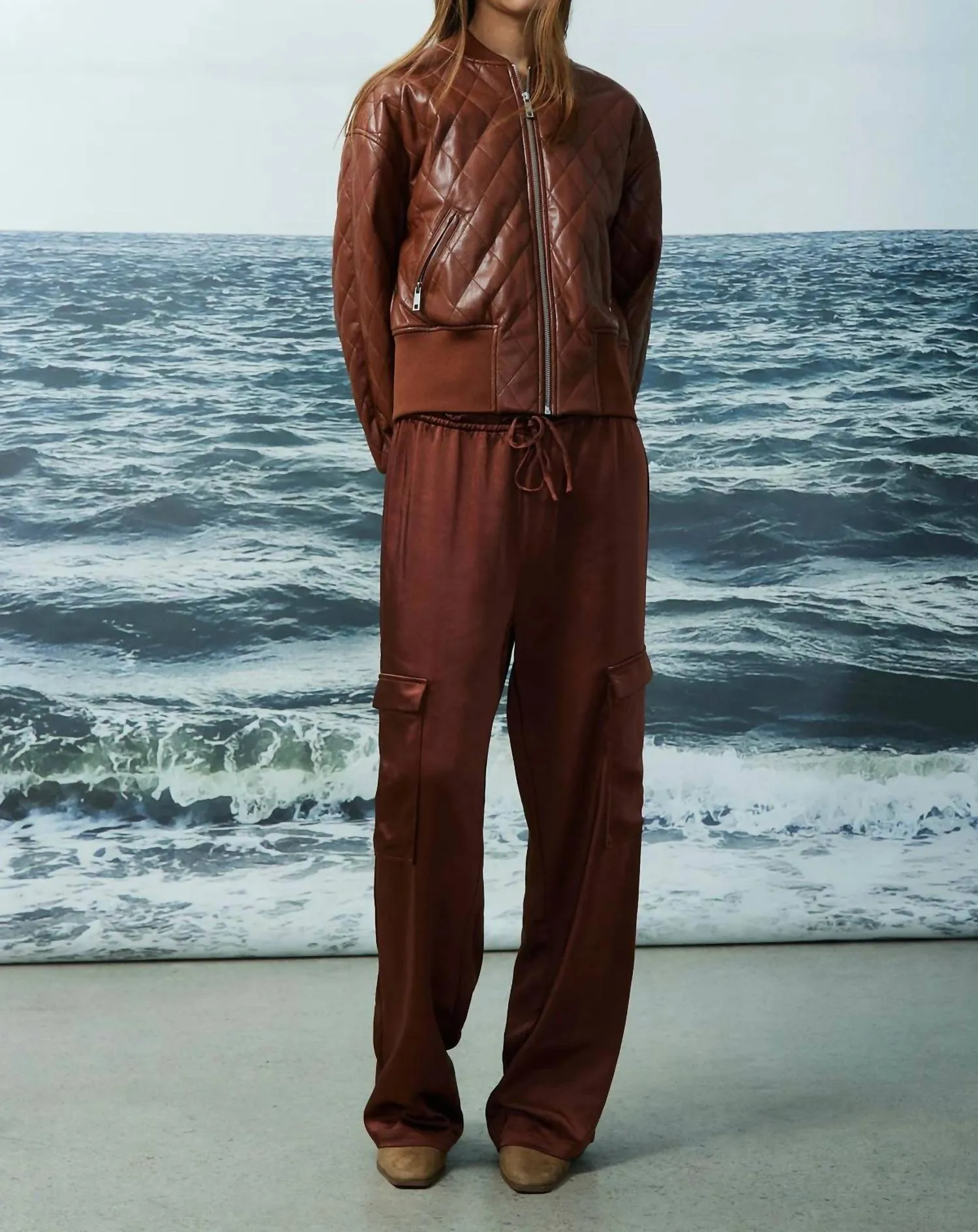 Pia Faux Leather Bomber Jacket In Rich Brown