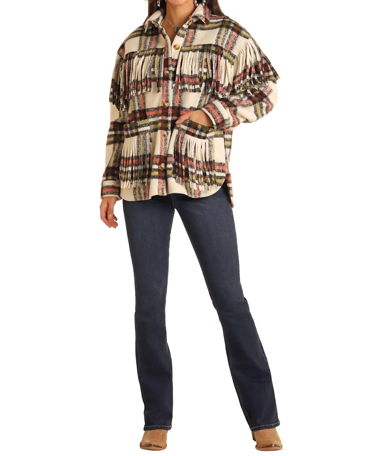 Plaid Shacket With Fringe In Natural