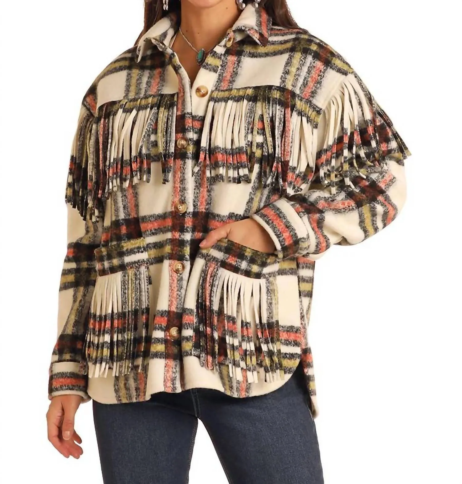 Plaid Shacket With Fringe In Natural