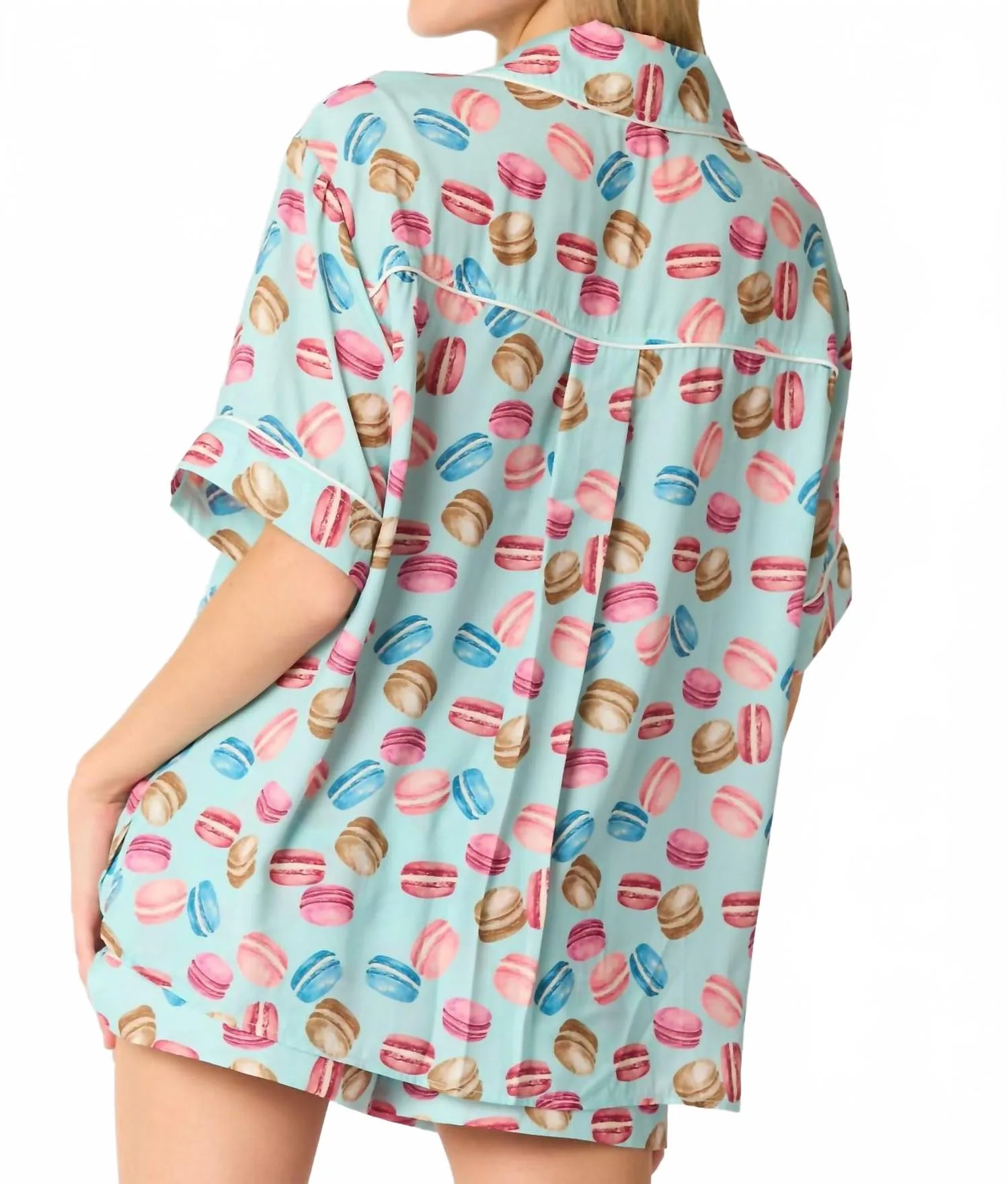 Poly Satin Macarons Printed Pajama Shirt In Aqua
