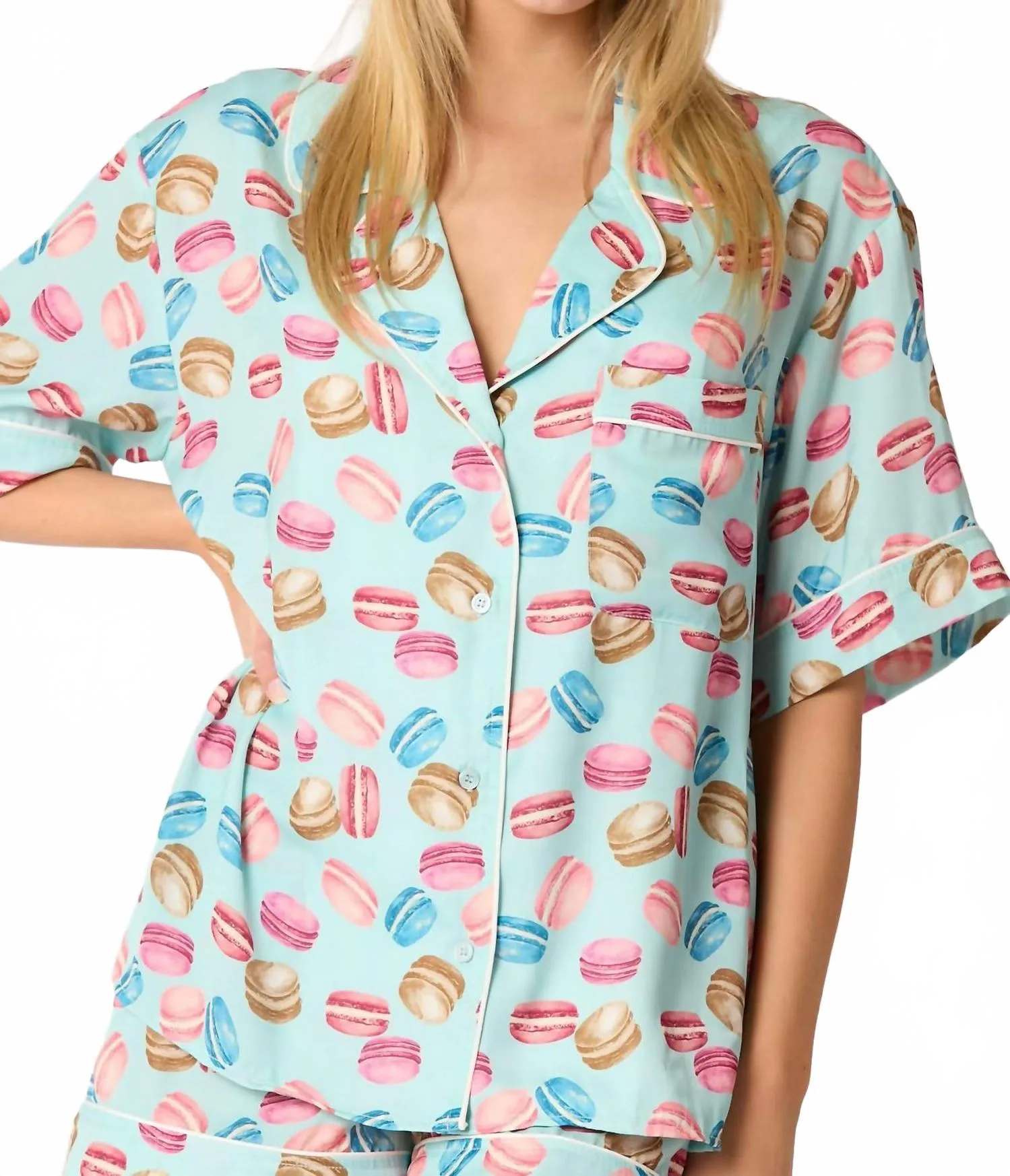 Poly Satin Macarons Printed Pajama Shirt In Aqua