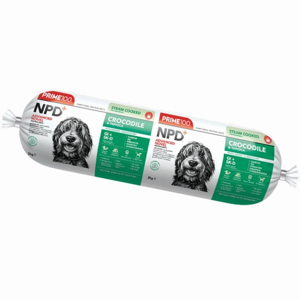 Prime100 NPD  Crocodile & Tapioca Grain Free Cooked Chilled Roll Dog Food 2kg (Exp 16Jul25) raw pet food,frozen meat dog,raw feeding dog