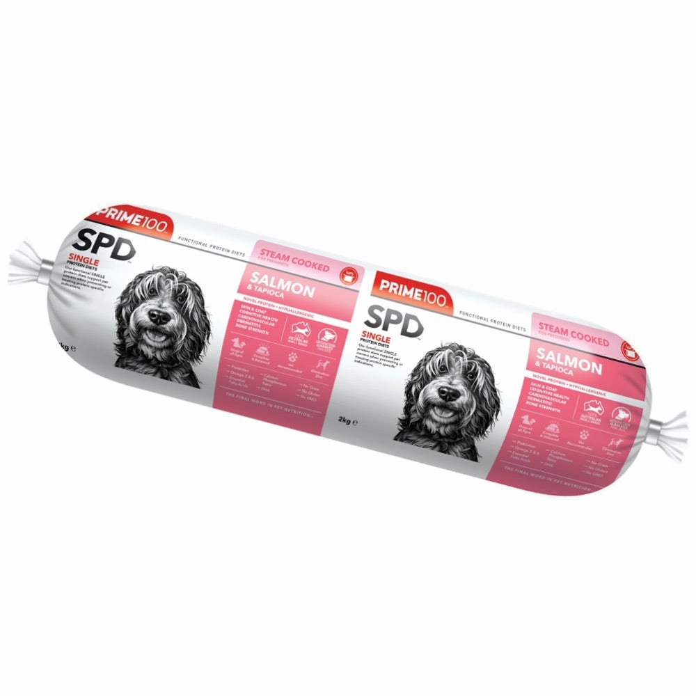 Prime100 SPD Salmon & Tapioca Grain Free Cooked Chilled Roll Dog Food 2kg (Exp 8Aug25) raw pet food,frozen meat dog,raw feeding dog