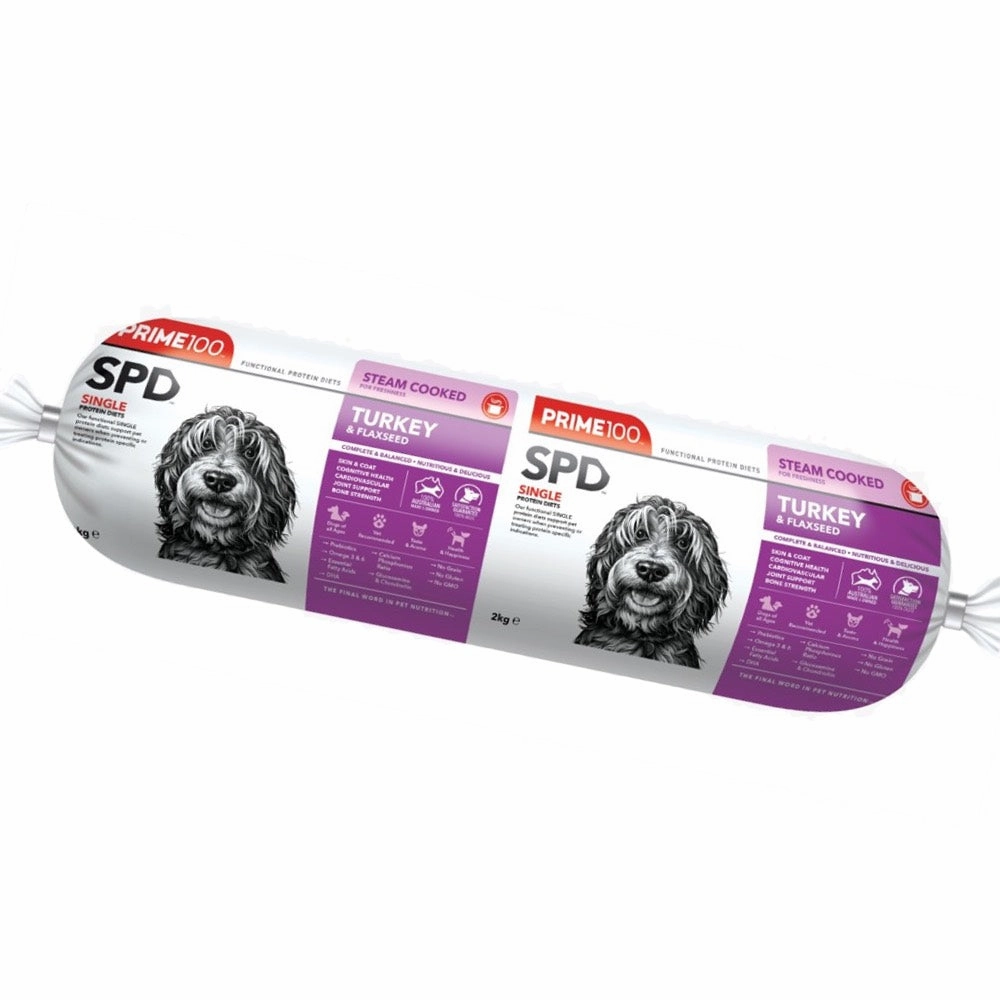 Prime100 SPD Turkey & Flaxseed Grain Free Cooked Chilled Roll Dog Food 2kg (Exp 9Aug25) raw pet food,frozen meat dog,raw feeding dog