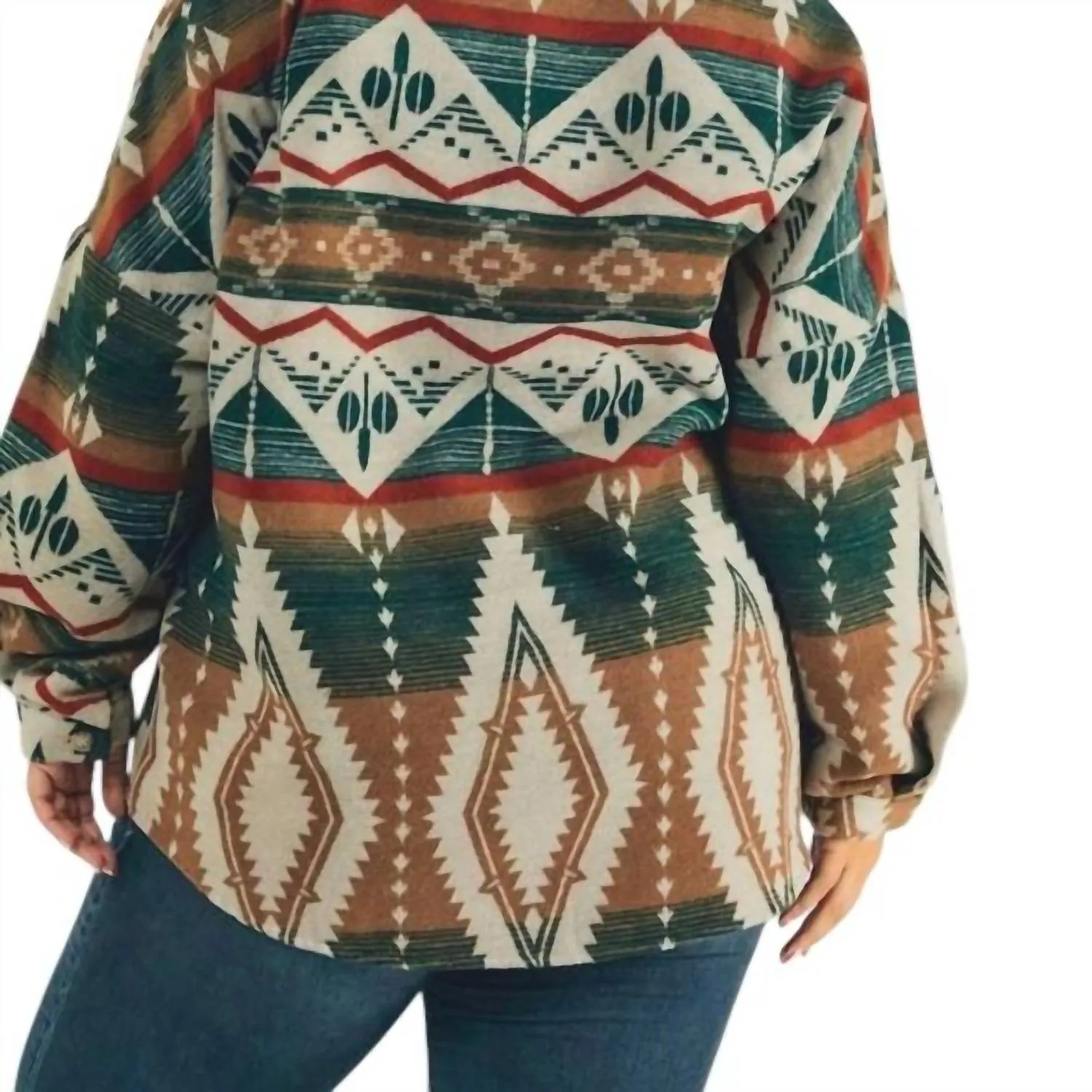 Printed Aztec Long Sleeve Shacket In Green