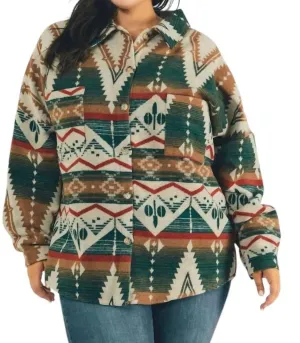 Printed Aztec Long Sleeve Shacket In Green