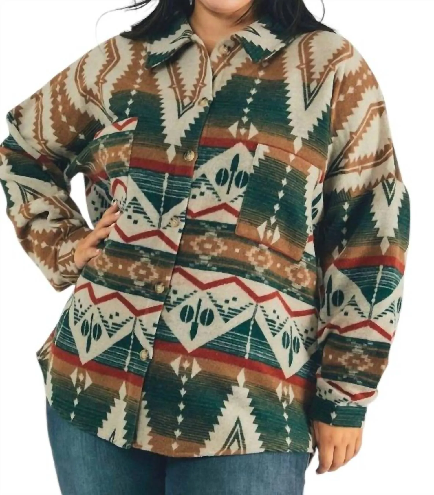Printed Aztec Long Sleeve Shacket In Green