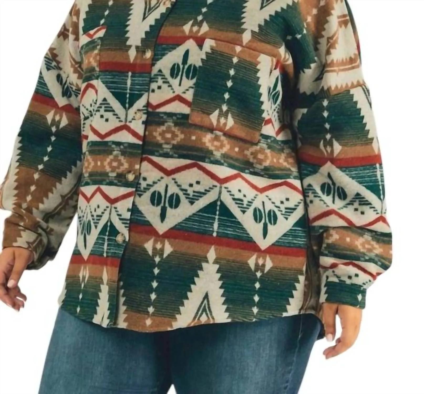 Printed Aztec Long Sleeve Shacket In Green
