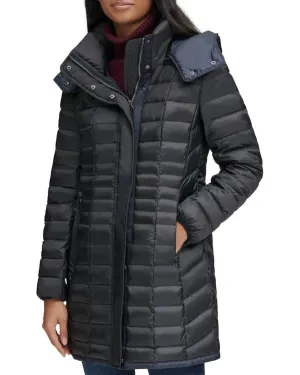 Removable Hood Marble Quilted Down Jacket In Black