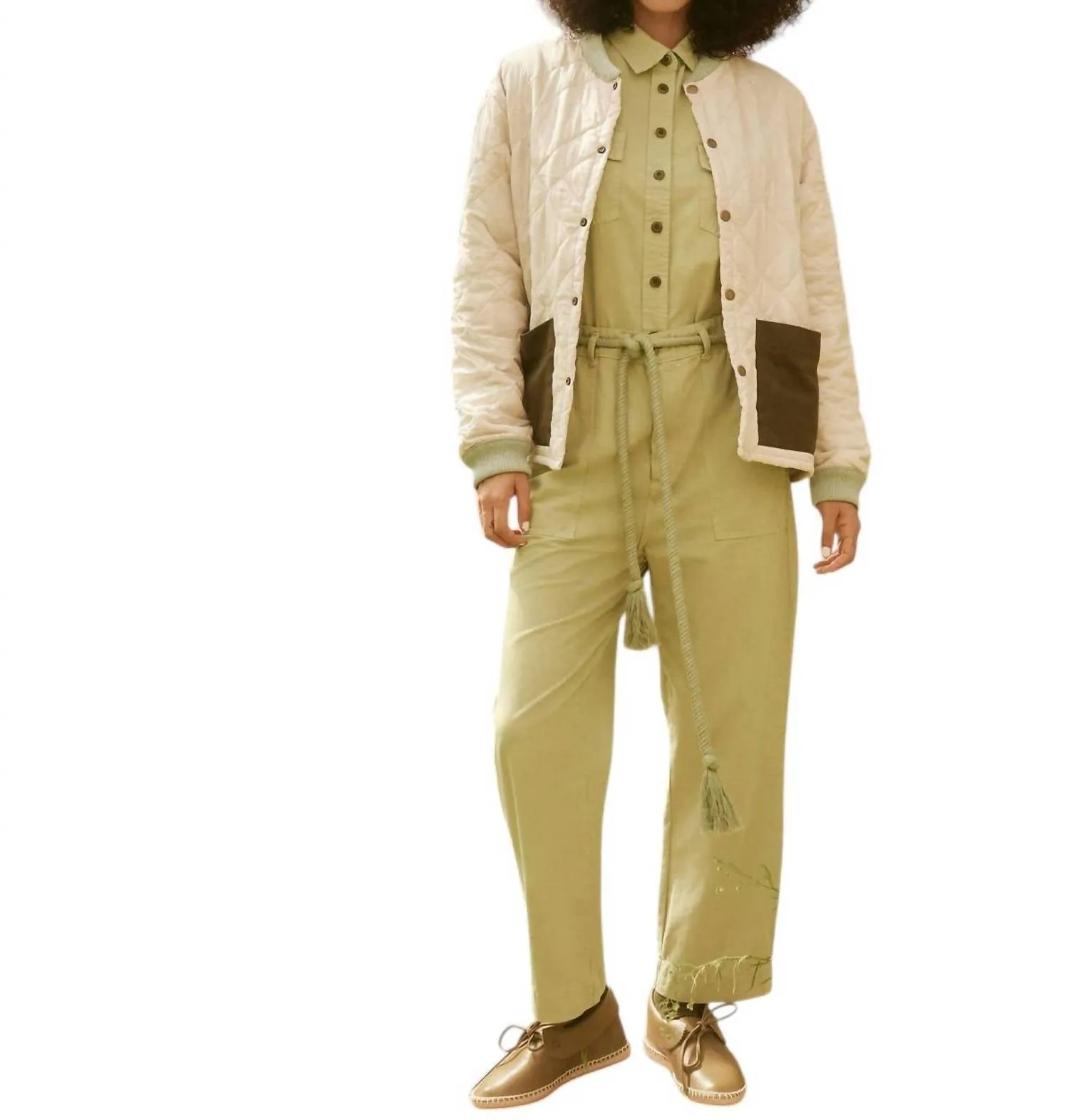 Reversible Patch Pocket Puffer Jacket In Pale Army W/ Cream Blush