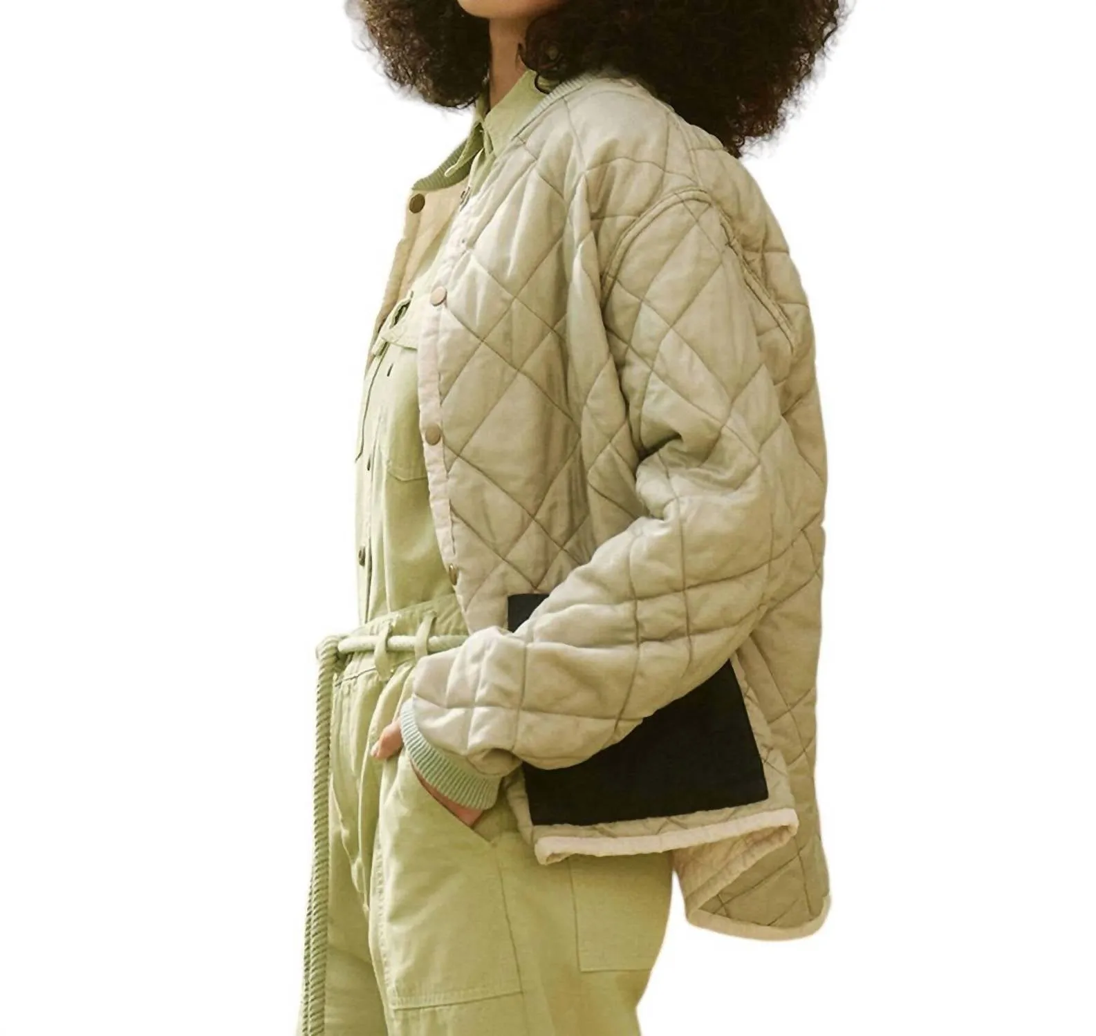 Reversible Patch Pocket Puffer Jacket In Pale Army W/ Cream Blush