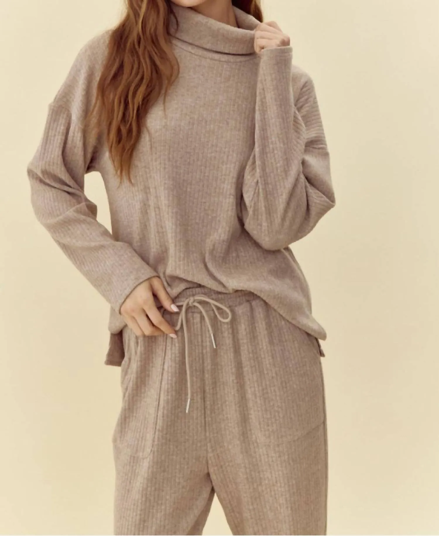 Ribbed Loose Fit Lounge Set In Oatmeal