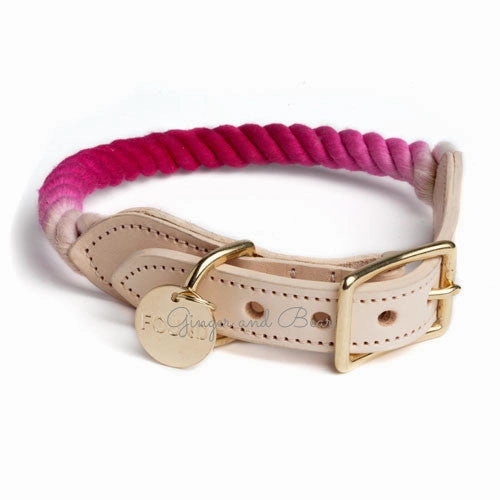 Rope and Leather Collar, Magenta dog collar,leather dog collar,adjustable dog collar