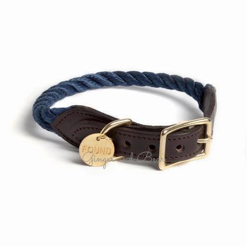 Rope and Leather Collar, Navy dog collar,leather dog collar,adjustable dog collar
