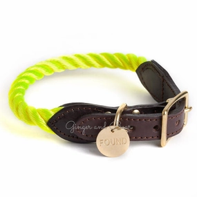 Rope and Leather Collar, Neon Yellow dog collar,leather dog collar,adjustable dog collar
