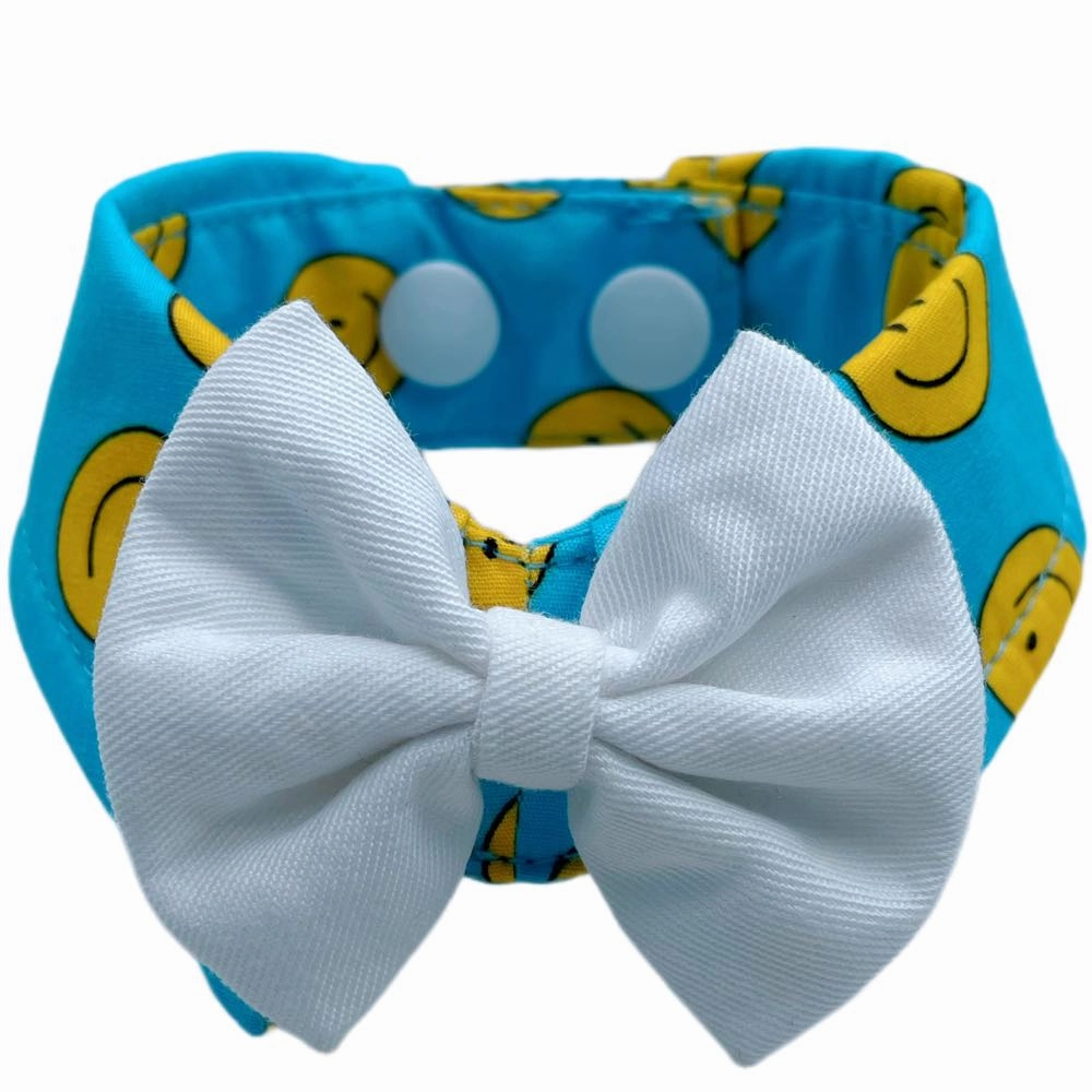 RuffCo Handcrafted Bowtie Button Collar For Cats & Dogs (Blue Smiley) dog clothes,dog sweater,fashionable dog wear
