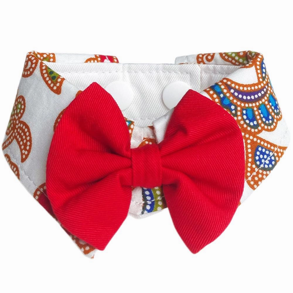 RuffCo Handcrafted Bowtie Button Collar For Cats & Dogs (White Batik) dog clothes,dog sweater,fashionable dog wear