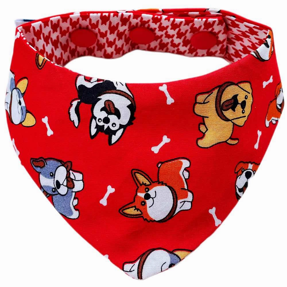 RuffCo Handcrafted Reversible Bandana For Cats & Dogs (Red Puppies) dog clothes,dog sweater,fashionable dog wear