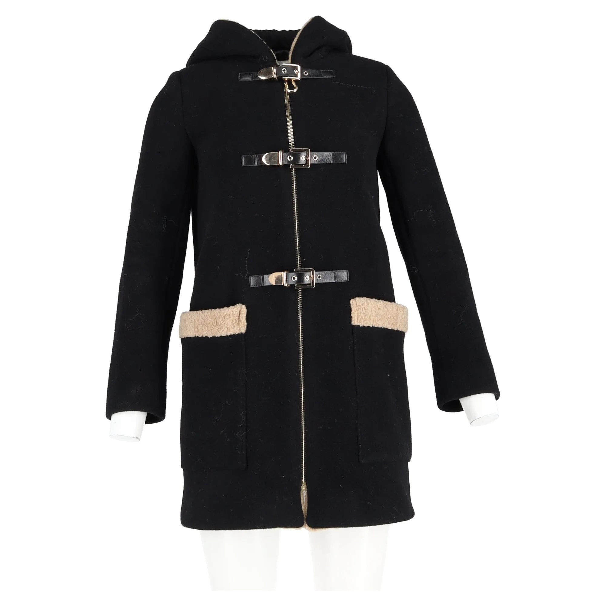 Sandro Figuier Hooded Coat in Black Wool